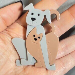 Dog Cat Brooch Acrylic Duo Gray Tan Layered Pet Pin 3D